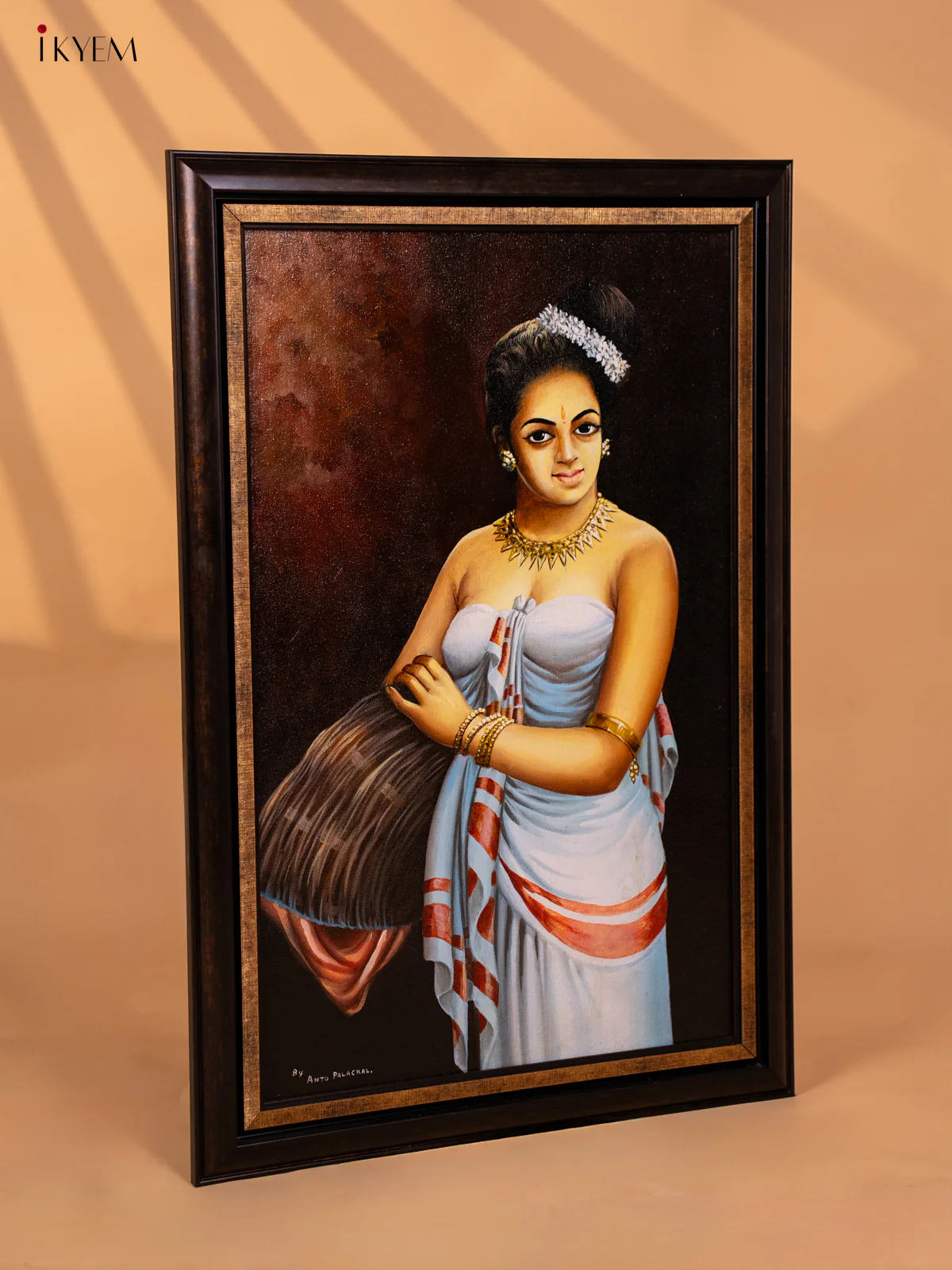 A Full Painted Artwork Lady with a Poo Koodai - (29.3×19.6) Inch - 3F4028 - Image 3