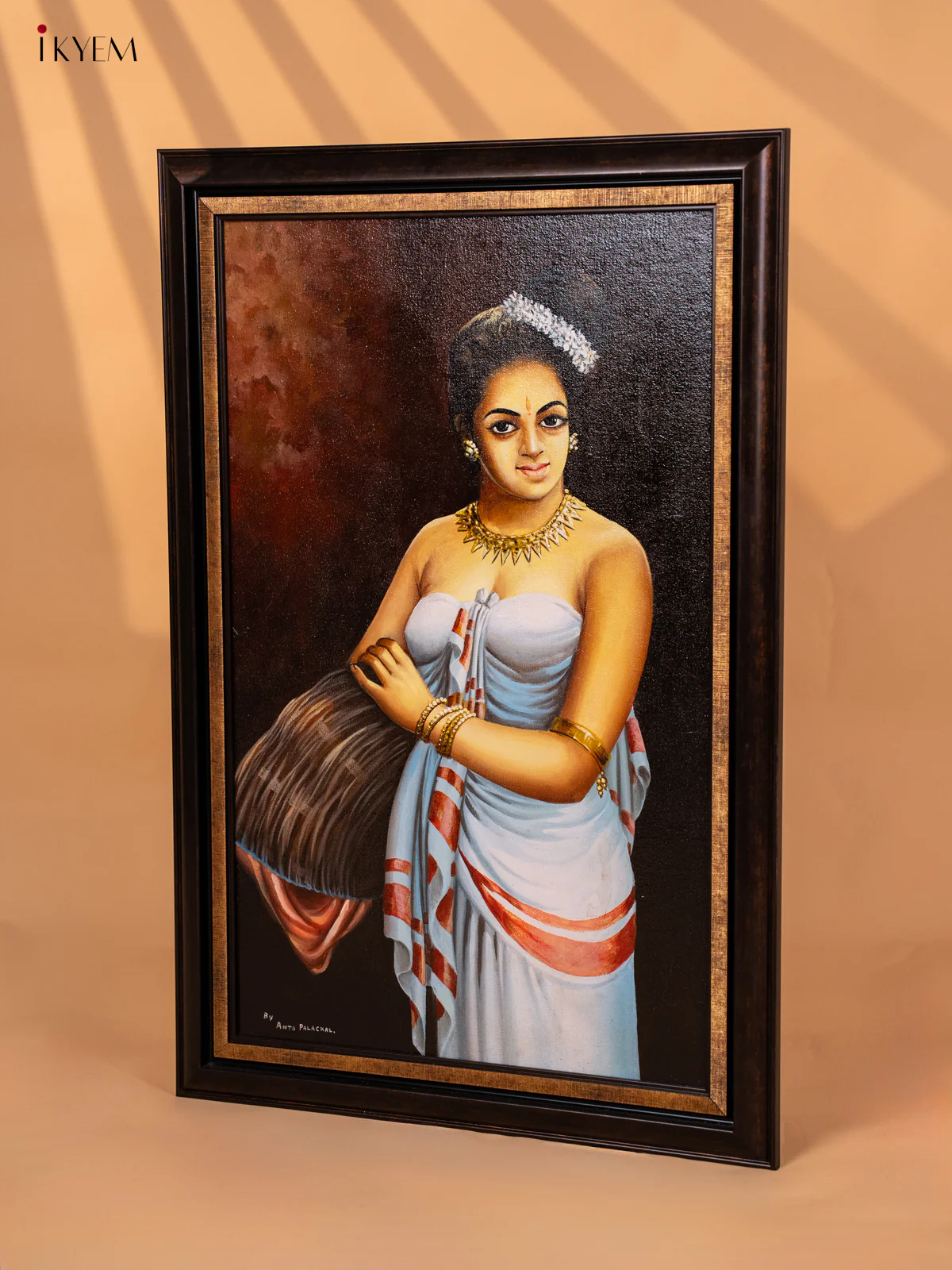 A Full Painted Artwork Lady with a Poo Koodai - (29.3×19.6) Inch - 3F4028 - Image 4