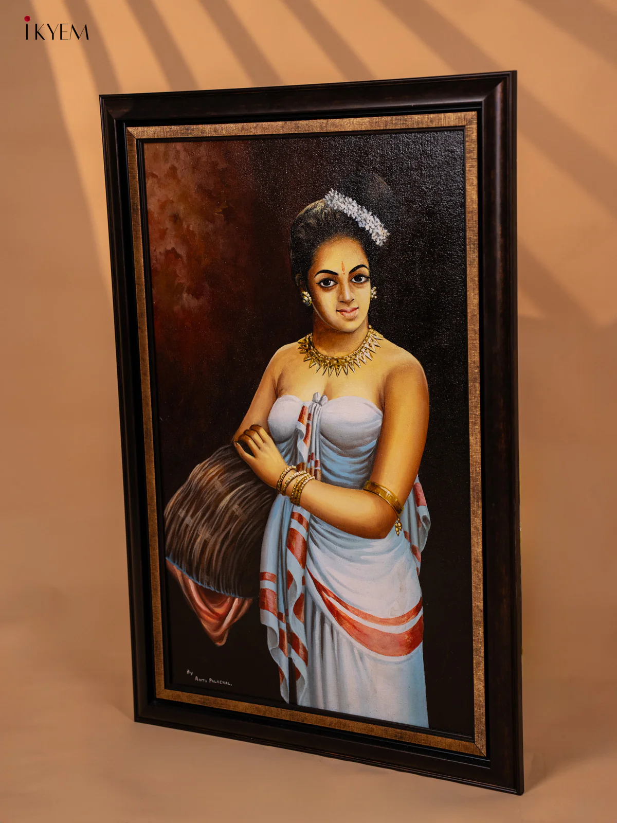 A Full Painted Artwork Lady with a Poo Koodai - (29.3×19.6) Inch - 3F4028 - Image 5