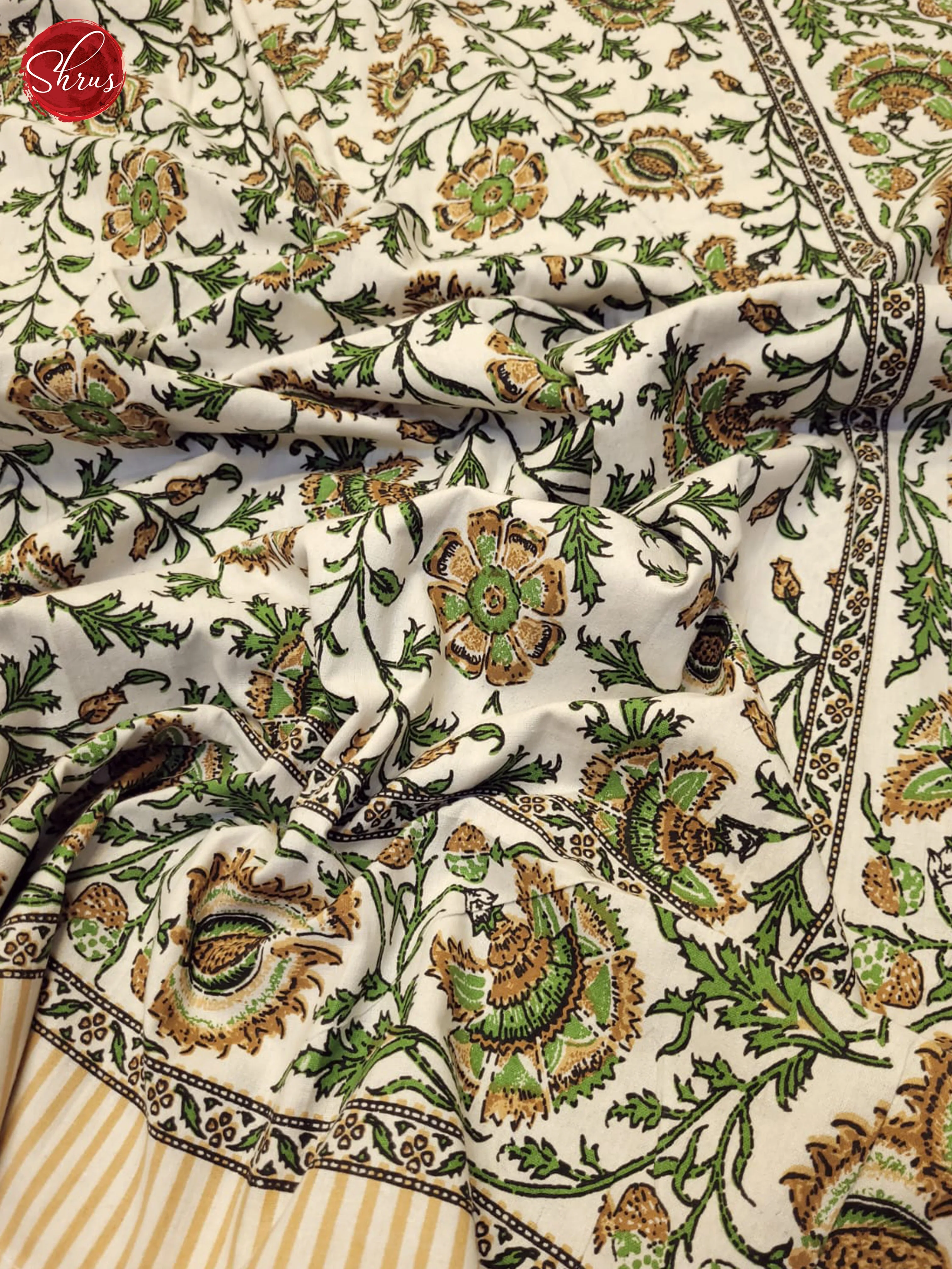 Cream & Green- Jaipuri Printed Double Bed Spread