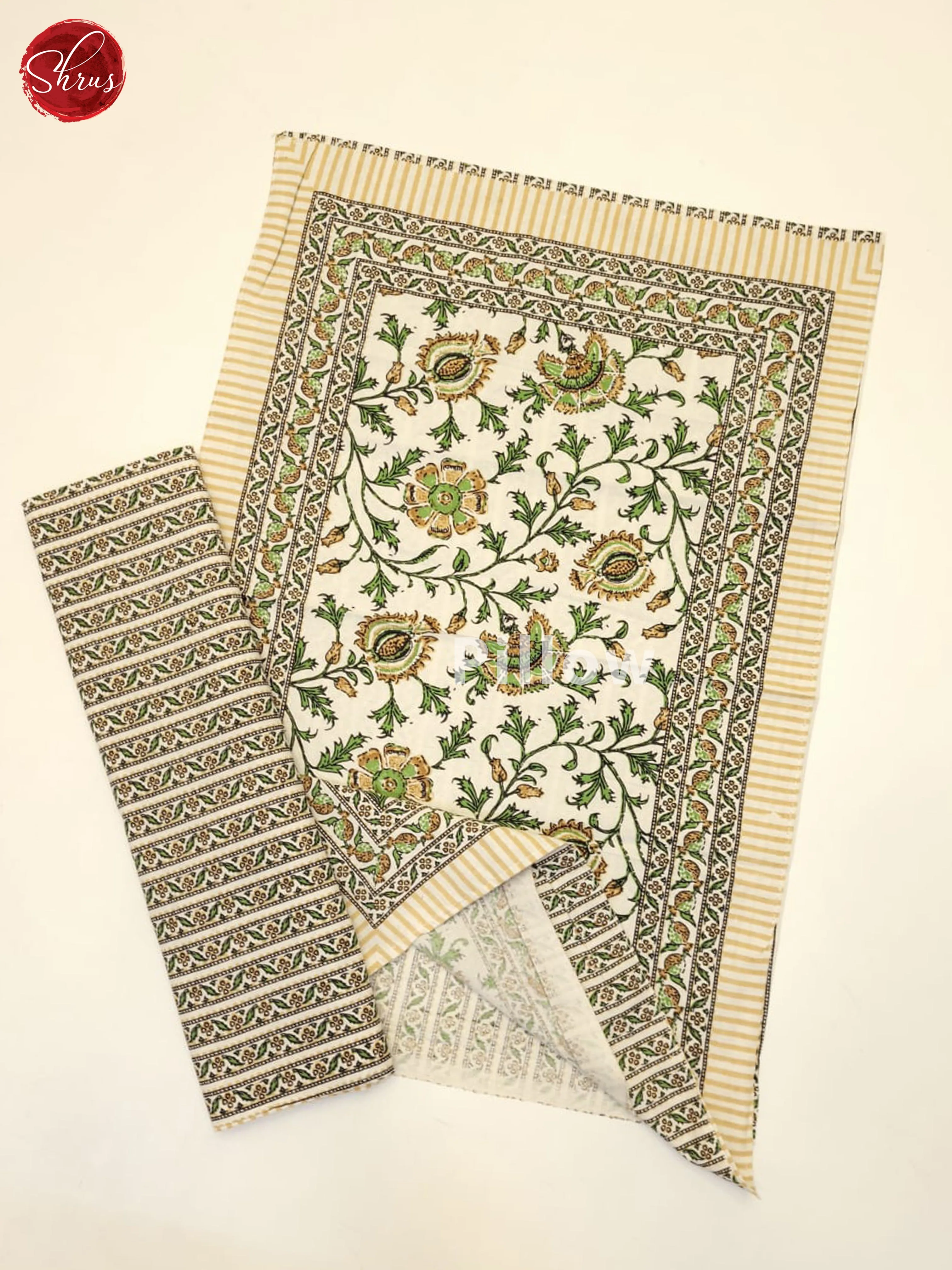 Cream & Green- Jaipuri Printed Double Bed Spread - Image 3