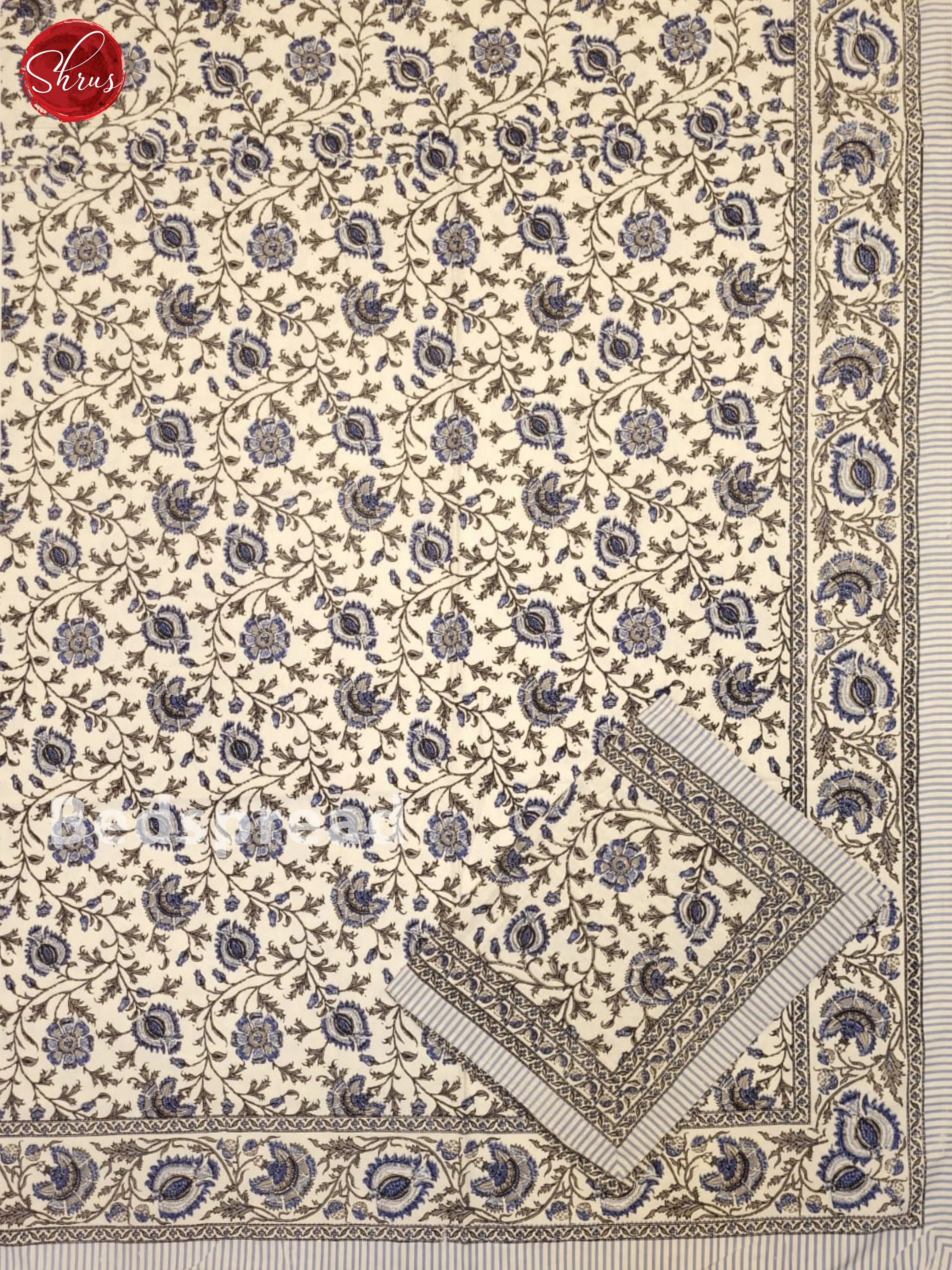 Cream & Blue - Jaipuri Printed Double Bed Spread - Image 2