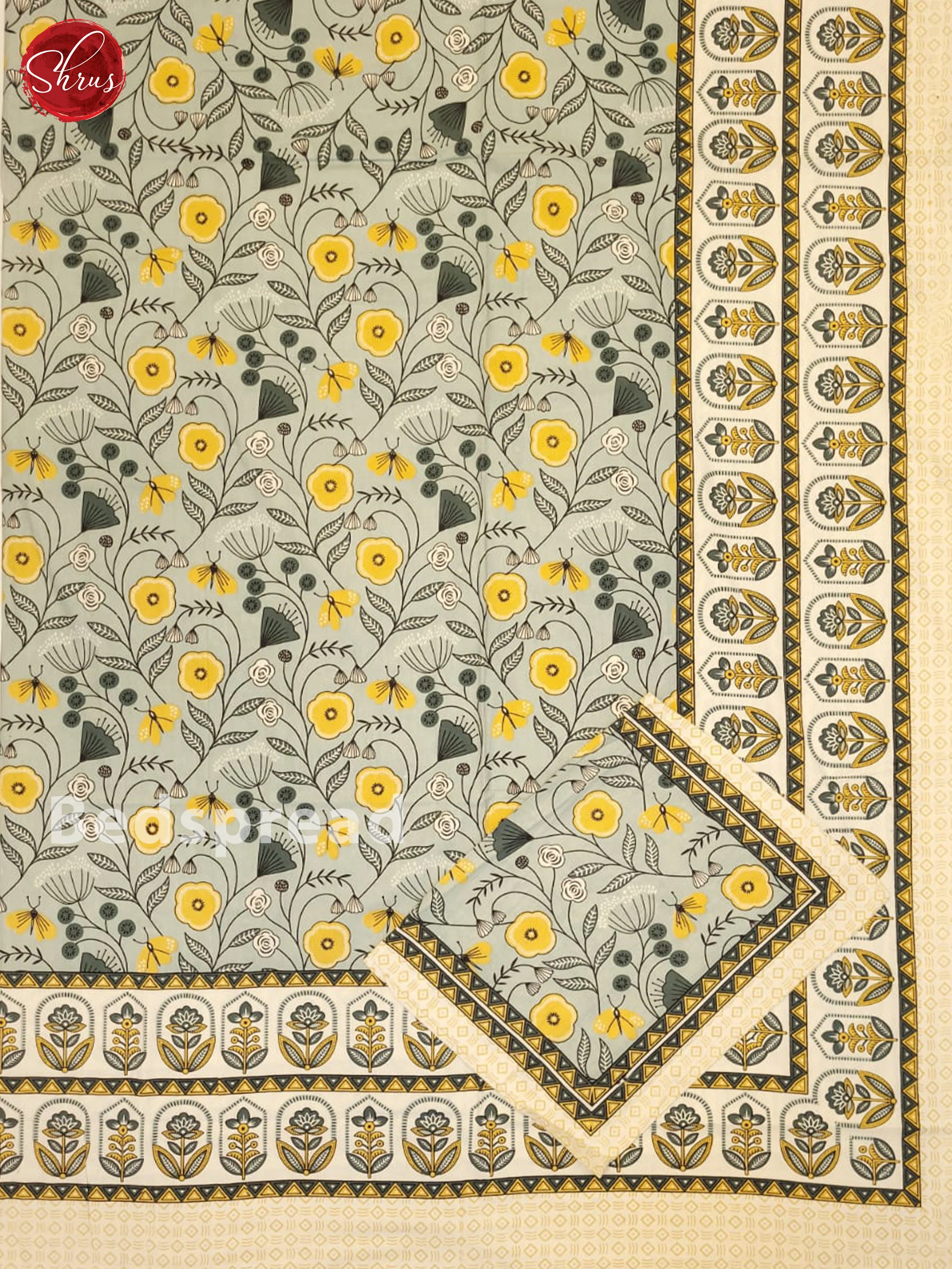 Light Greenish Grey & Cream - Jaipuri Printed Double Bed Spread - Image 2