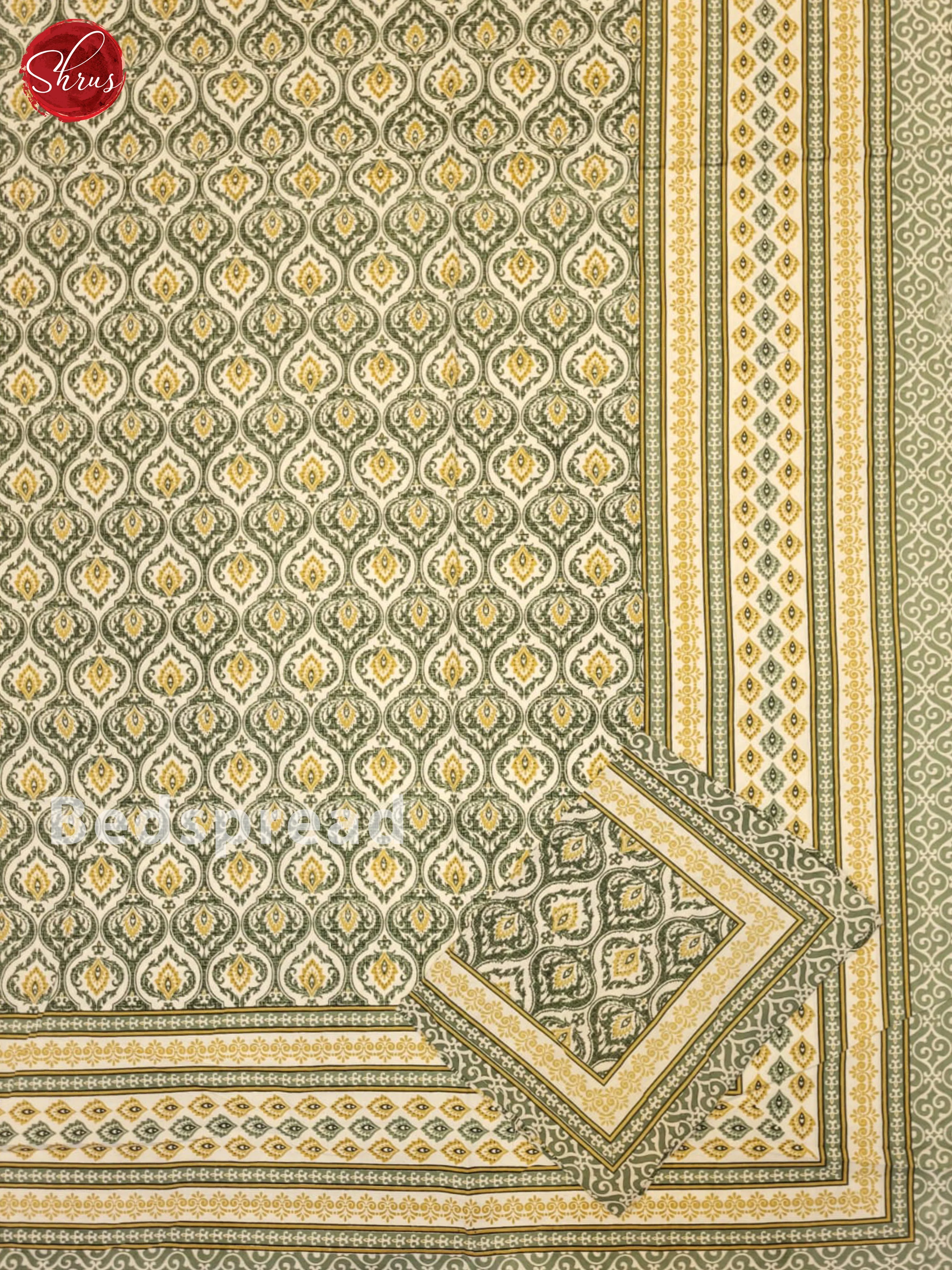 Cream & Green - Jaipuri Printed Double Bed Spread - Image 2