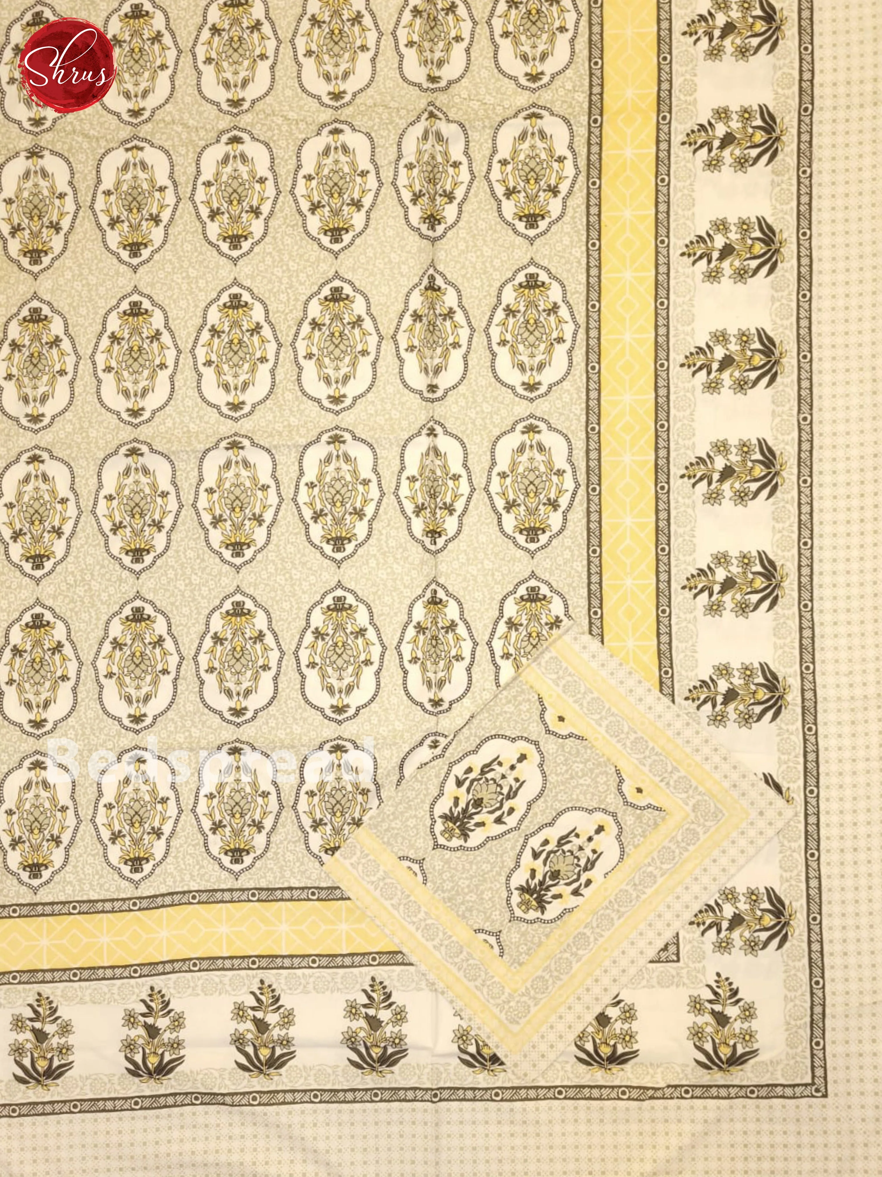 Cream & Grey - Jaipuri Printed Double Bed Spread - Image 2