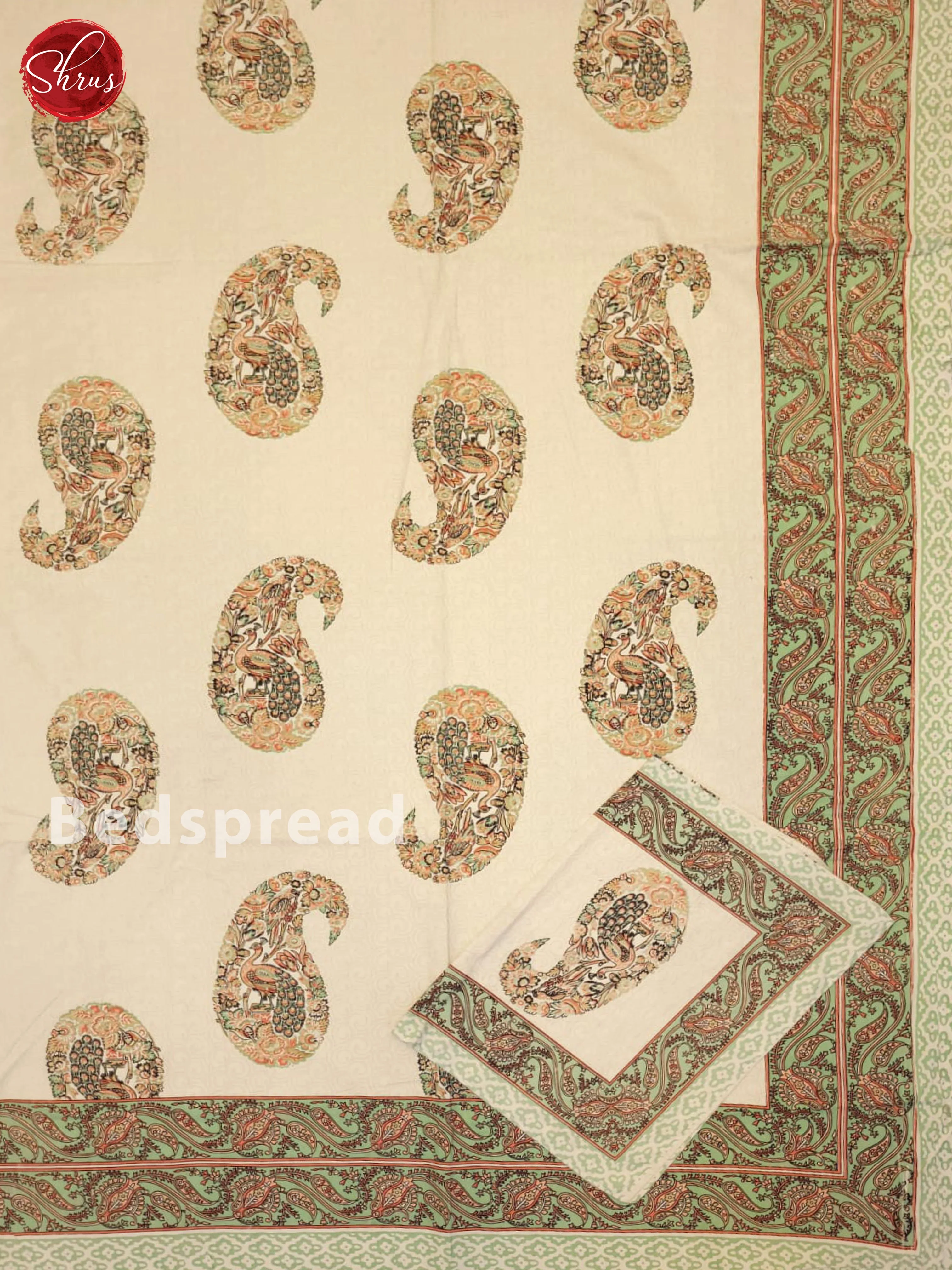 Cream & Green - Jaipuri Printed Double Bed Spread - Image 2