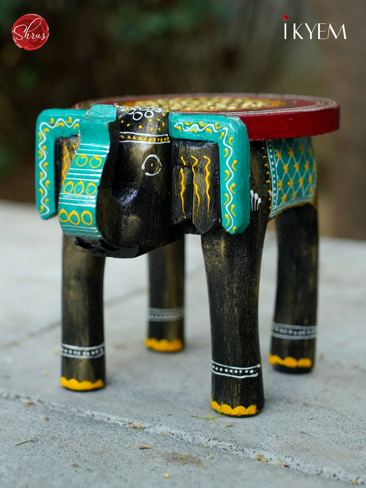 Wooden Hand Painted Elephant Stool - Image 2