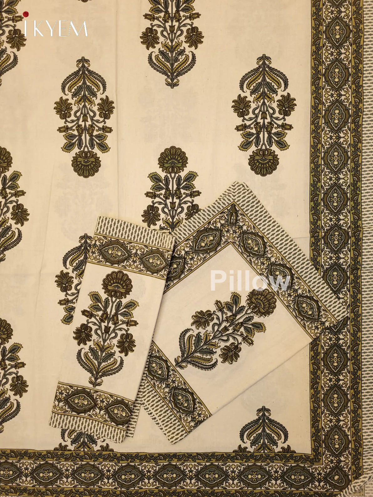 Cream & Mehandi Green - Bed Spread - Image 3