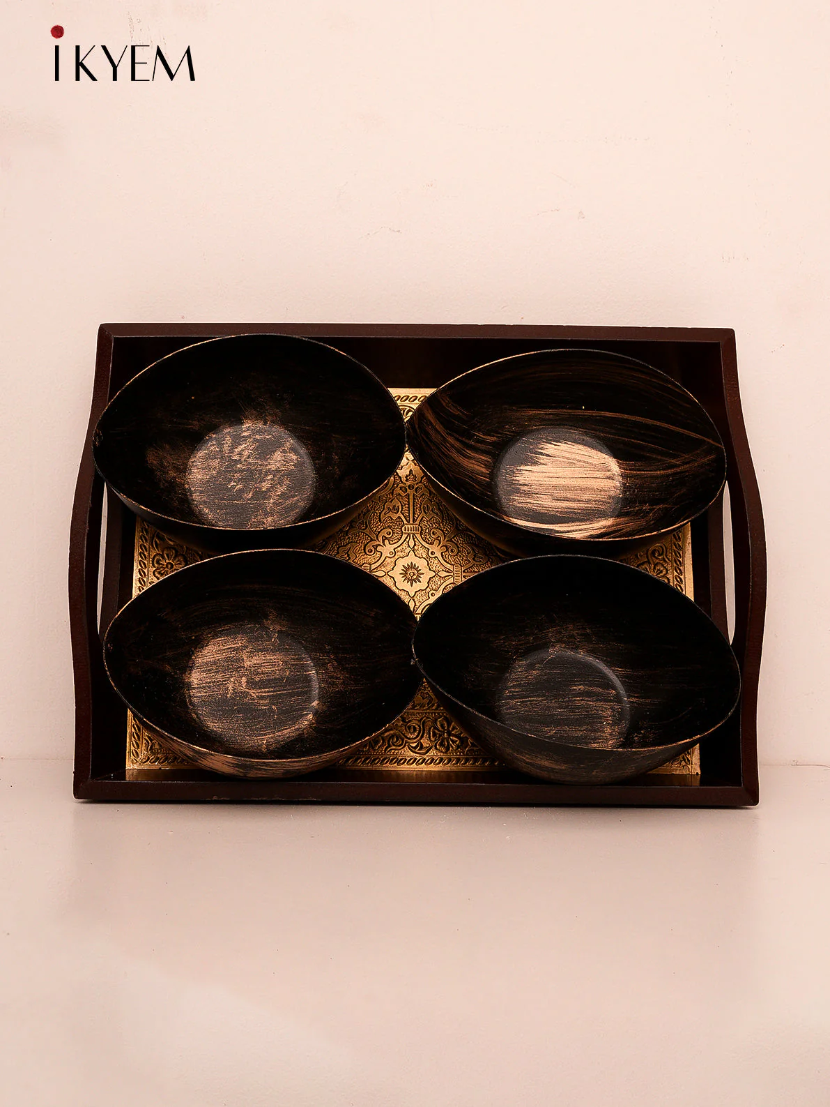 Brass embellished Wooden Tray with Bowls