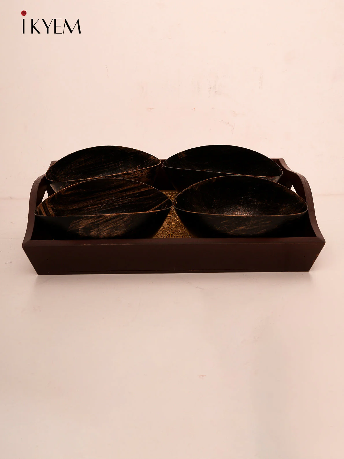 Brass embellished Wooden Tray with Bowls - Image 3