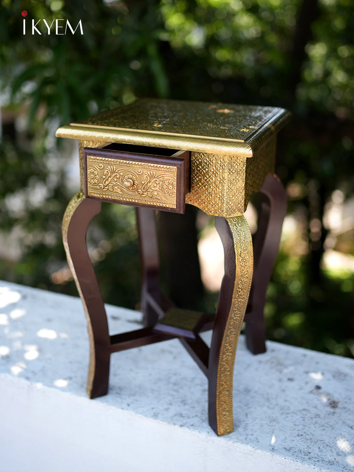 Brass Wood Stool with Drawer - Image 2