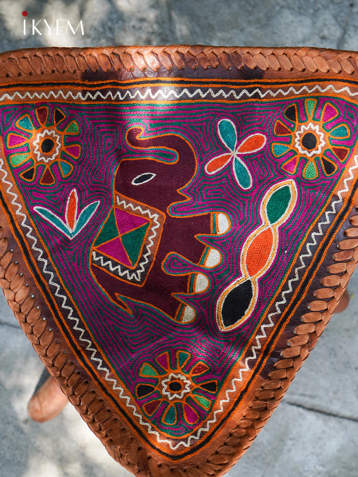 Leather Wooden Stool with Elephant Design - Image 3