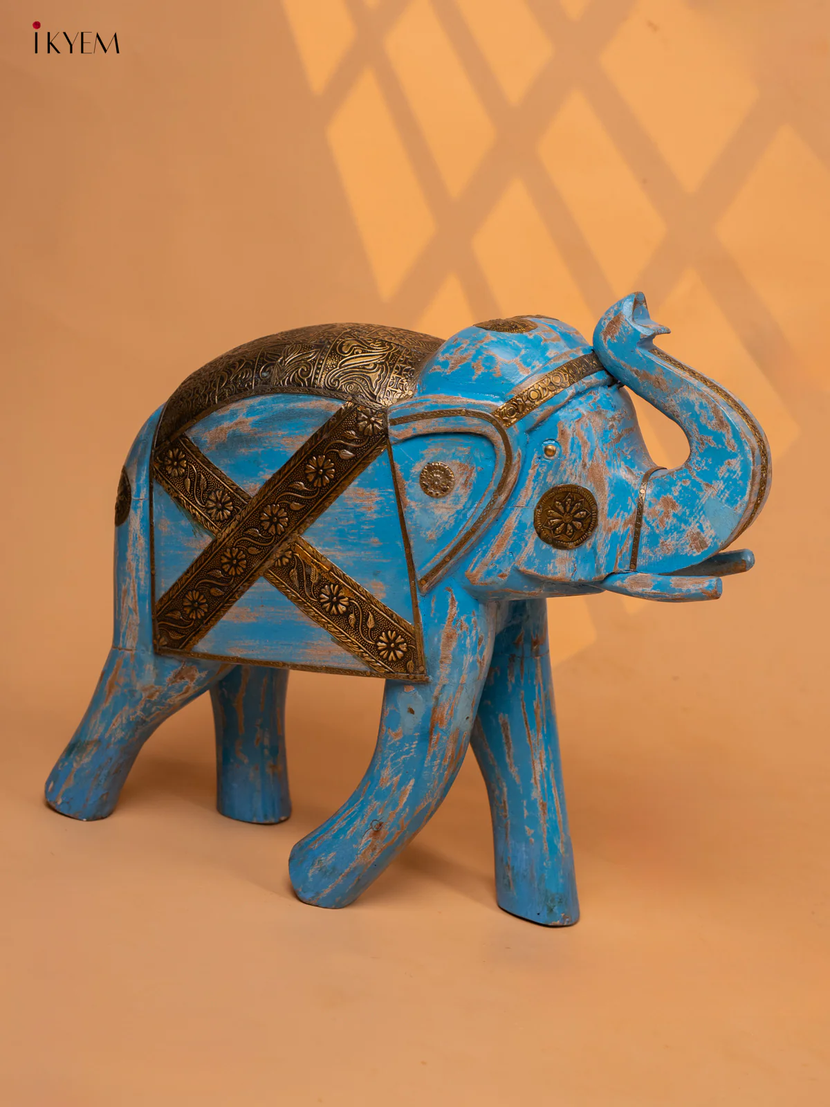 UPWARD TRUNK WOOD ELEPHANT WITH BRASS LADEN - Image 2