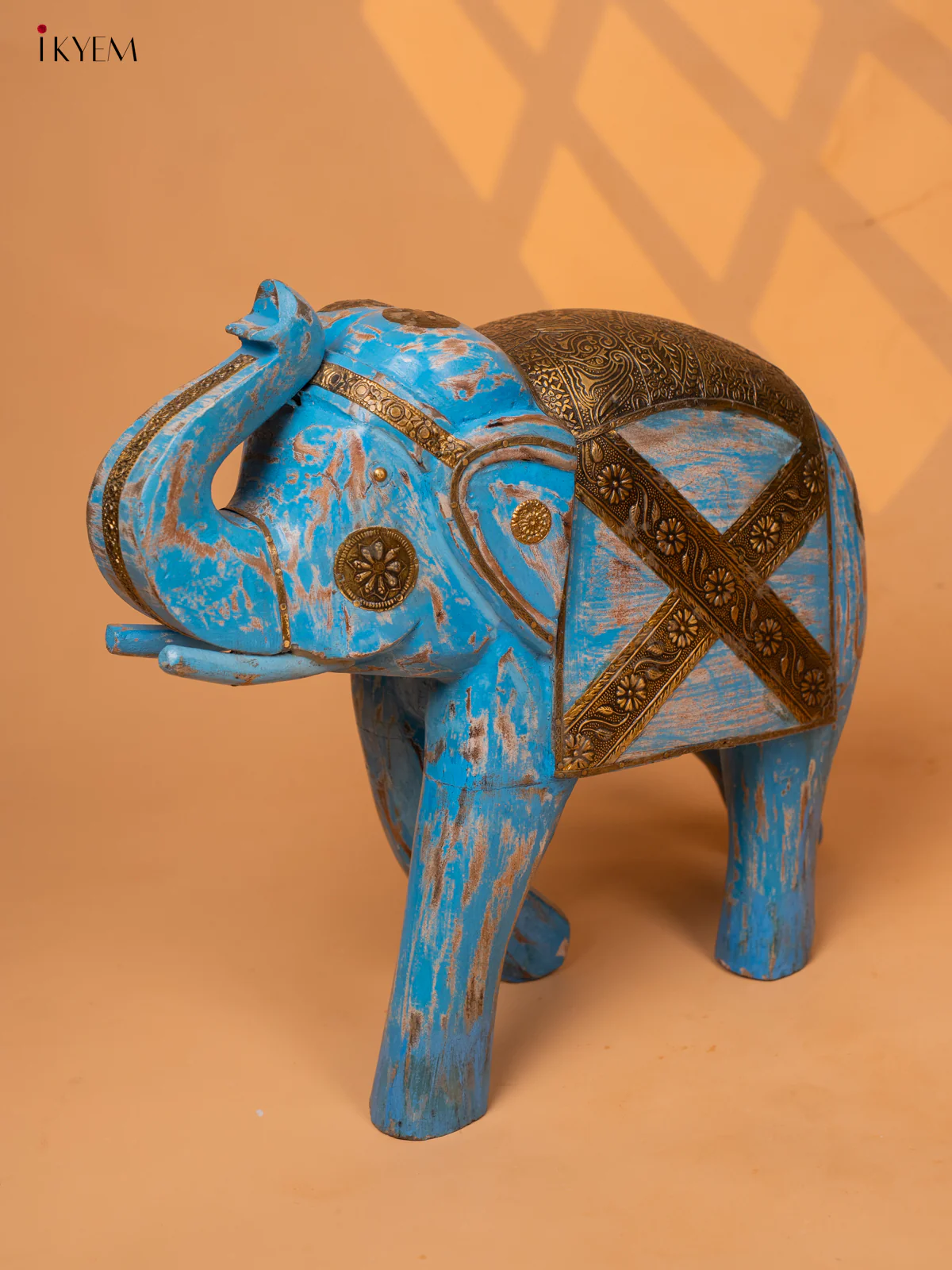 UPWARD TRUNK WOOD ELEPHANT WITH BRASS LADEN - Image 3