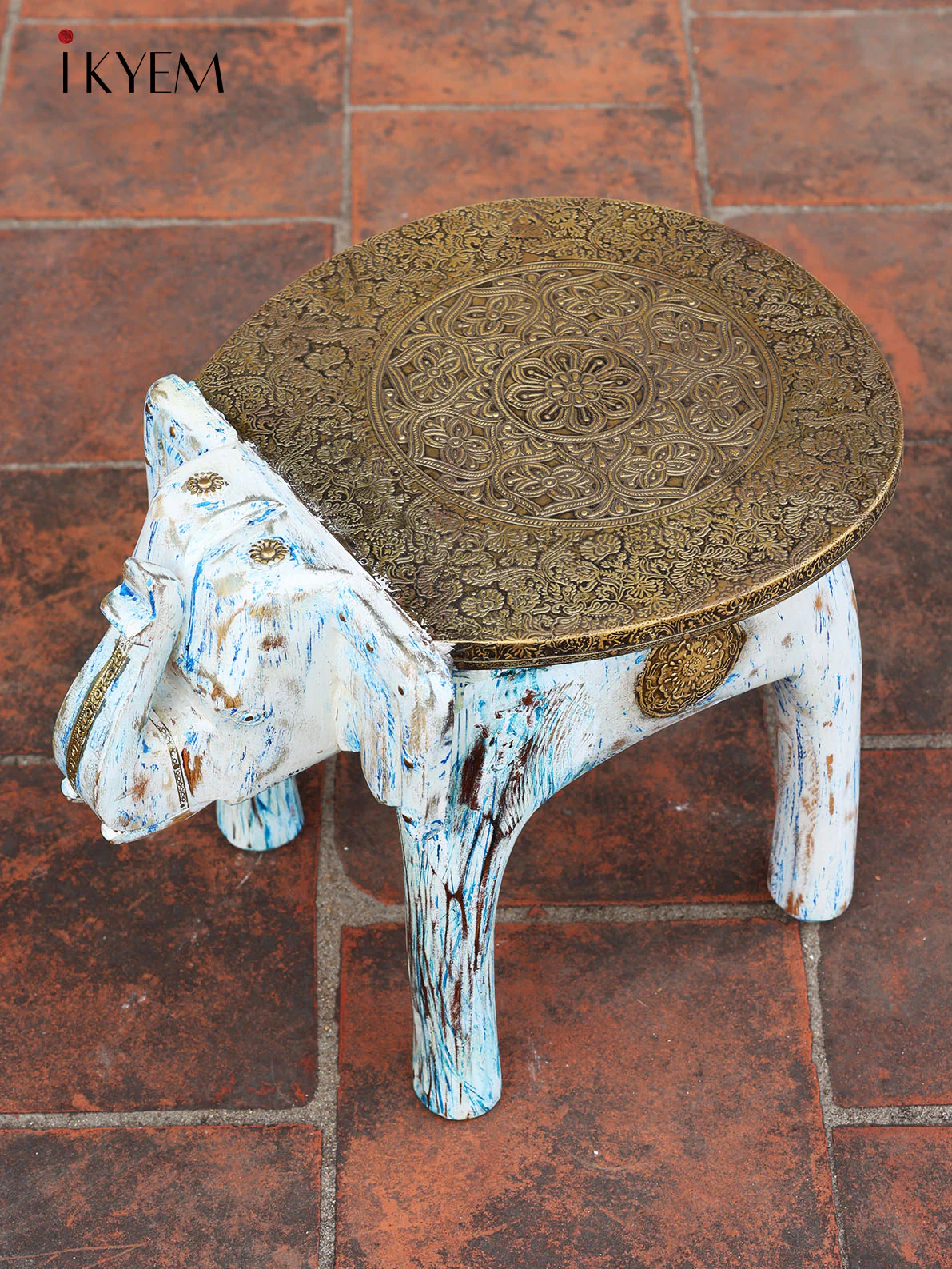 Rustic Blue Wooden Elephant stool/chowki with brass plating - Image 3