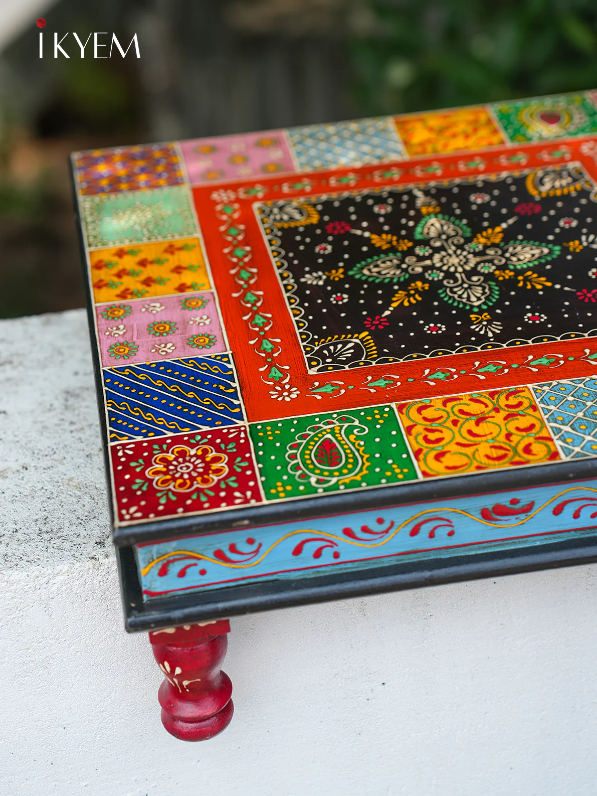 Vibrant Wooden Stool With Patchwork Design - Image 2