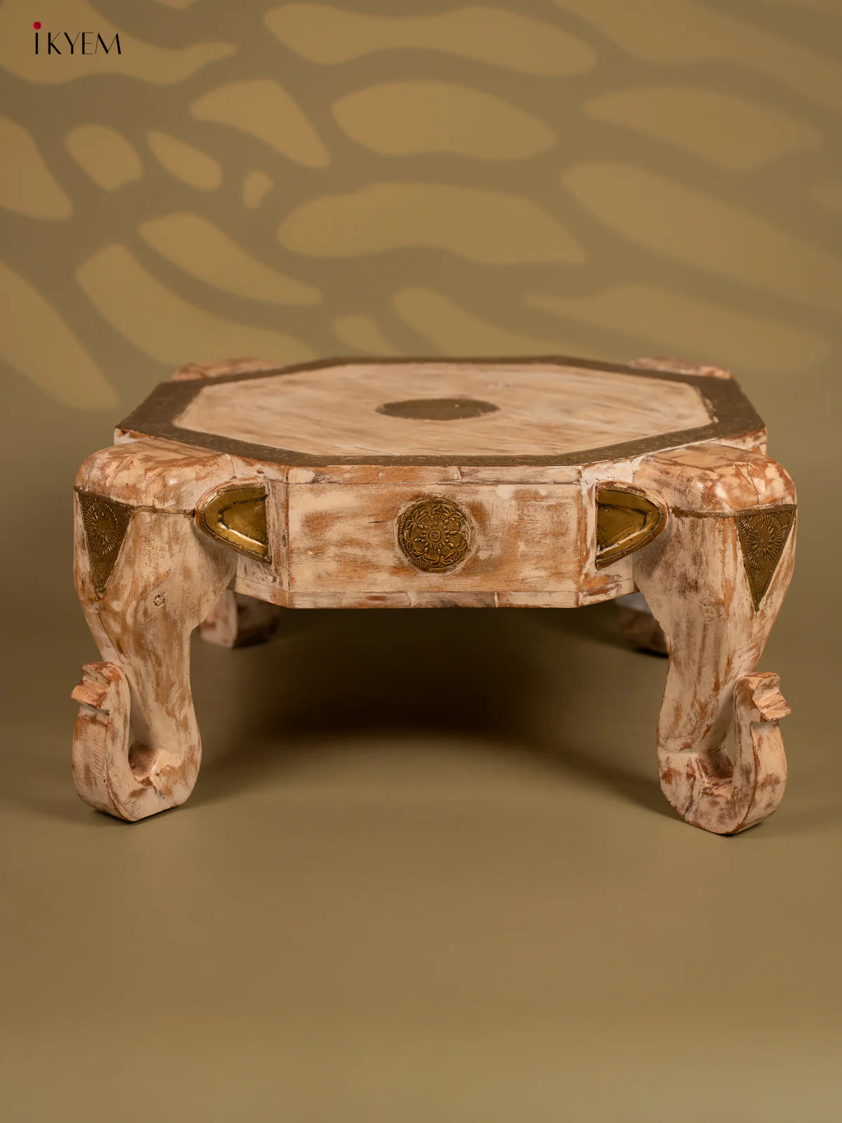 Wooden Elephant Brass embellished Bajot - 12Inch- 4IJ24021