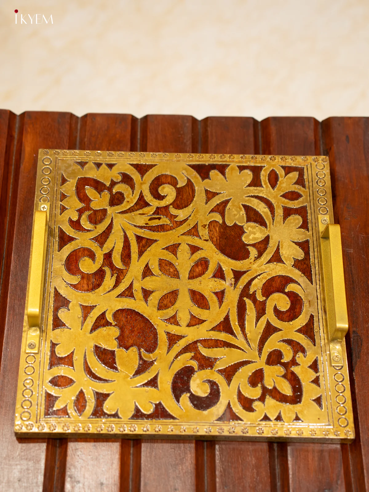 Intricately Carved Wooden Serving Tray Set with Brass Inlay - Image 2