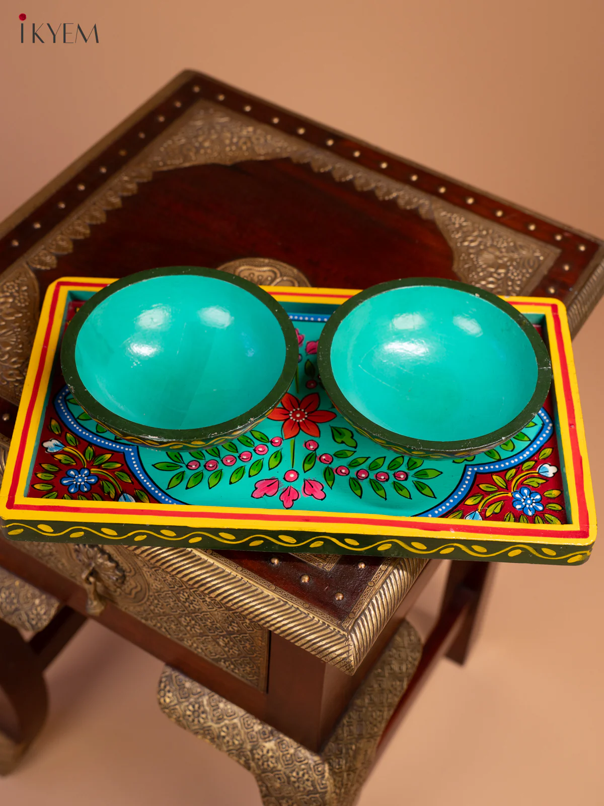 Wooden Hand Painted Tray With 2 Bowls - 4JJ01024