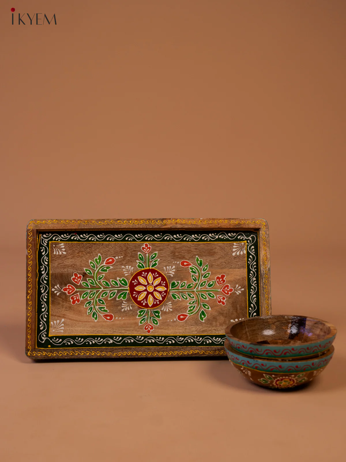 Hand Painted Wooden Serving Tray with 2 Bowls