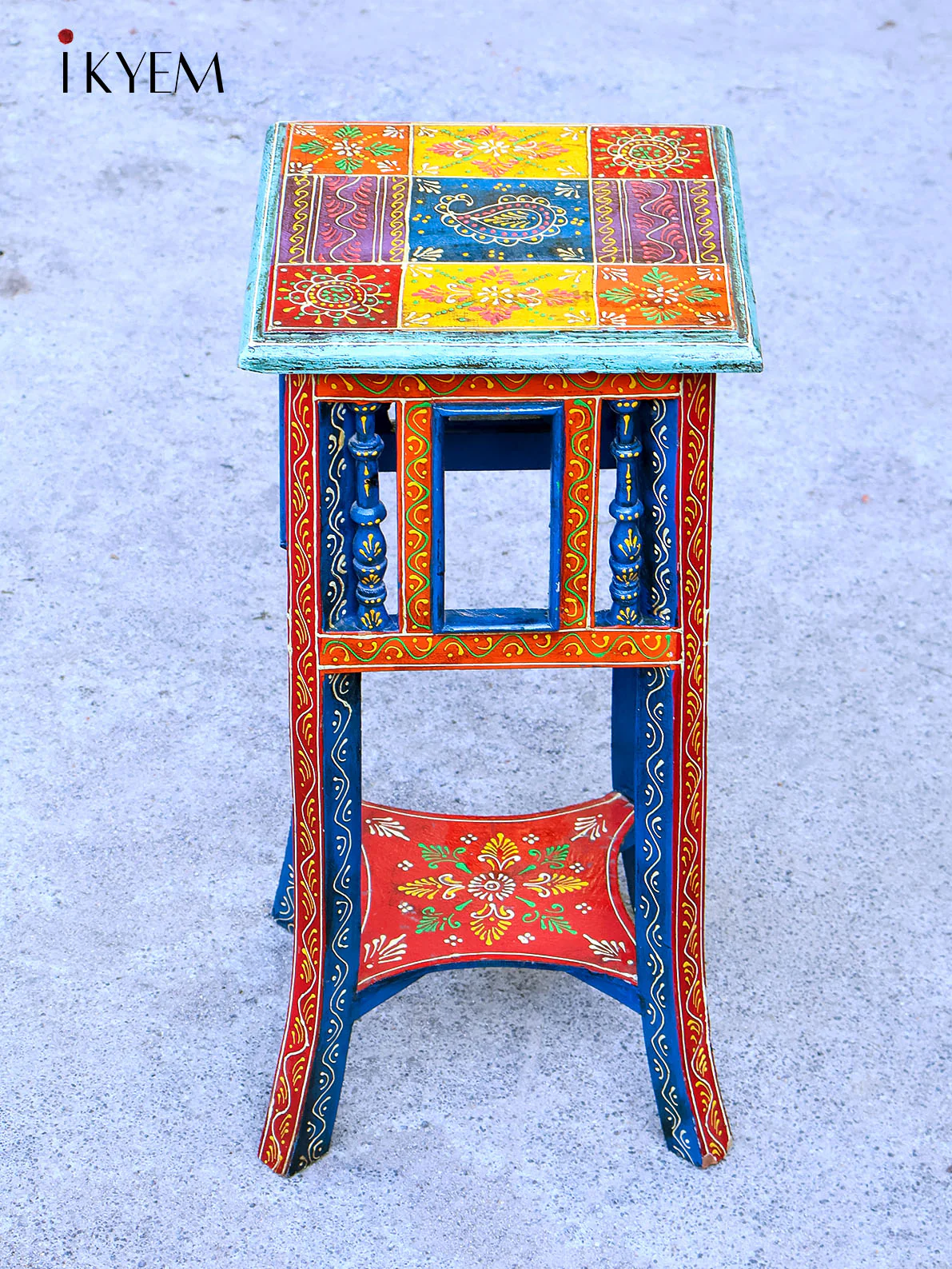 Vibrant Hand-Painted End Table With Intricate Floral Motifs