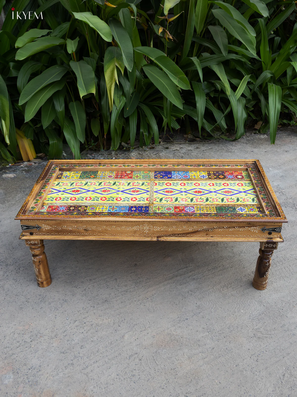 Hand-Painted Wooden Table with Tile Inlay - (17.3× 46.8) Inches - 4JJ04039