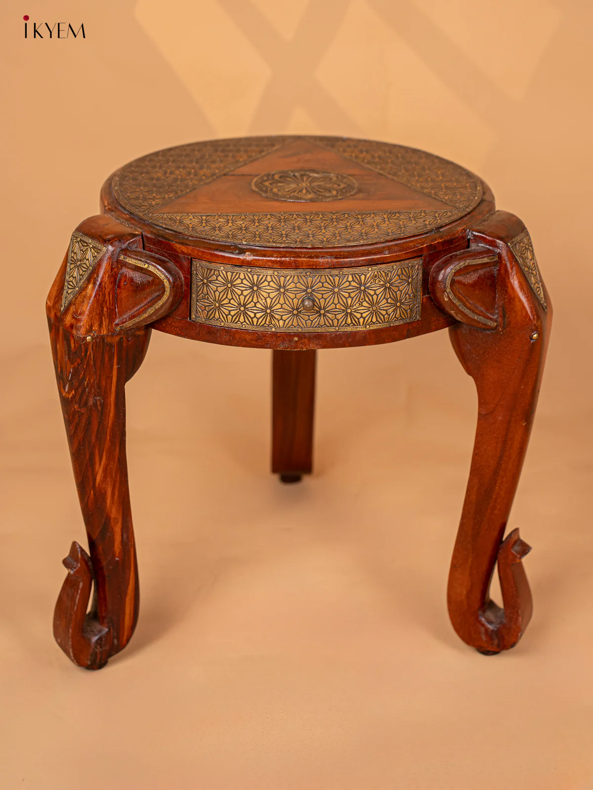 Wooden Elephant Stool with Drawer Brass Fitted (Antique Finish) 18.5 Inch - 4JJ04078