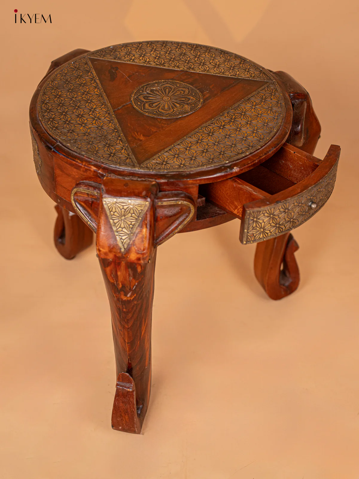 Wooden Elephant Stool with Drawer Brass Fitted (Antique Finish) 18.5 Inch - 4JJ04078 - Image 3