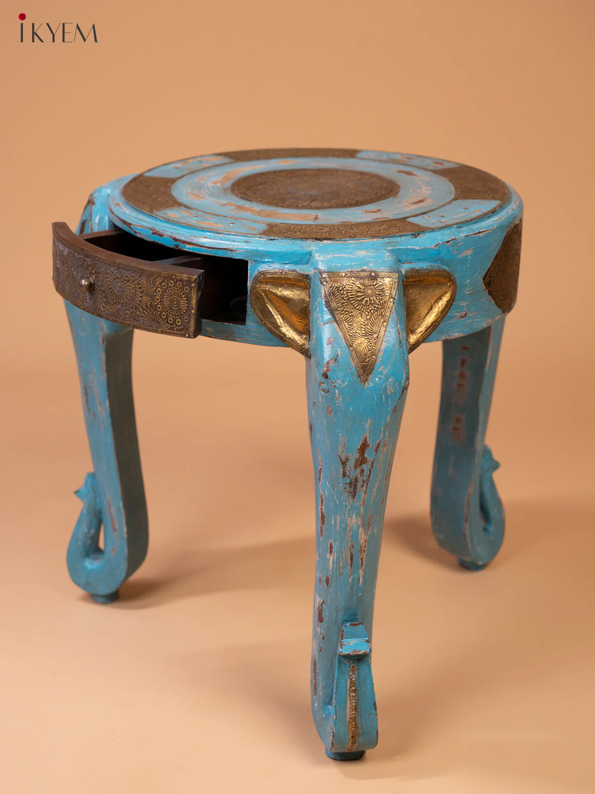 Wooden Elephant Stool with Drawer Brass Fitted (Antique Finish) 18.5 Inch - 4JJ04078 - Image 6