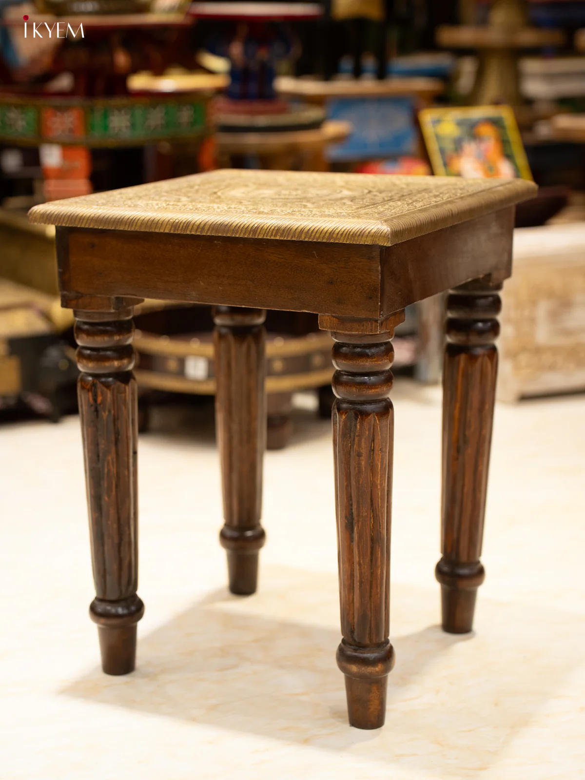 Handcrafted Wooden Side Table with Intricate Brass Inlay