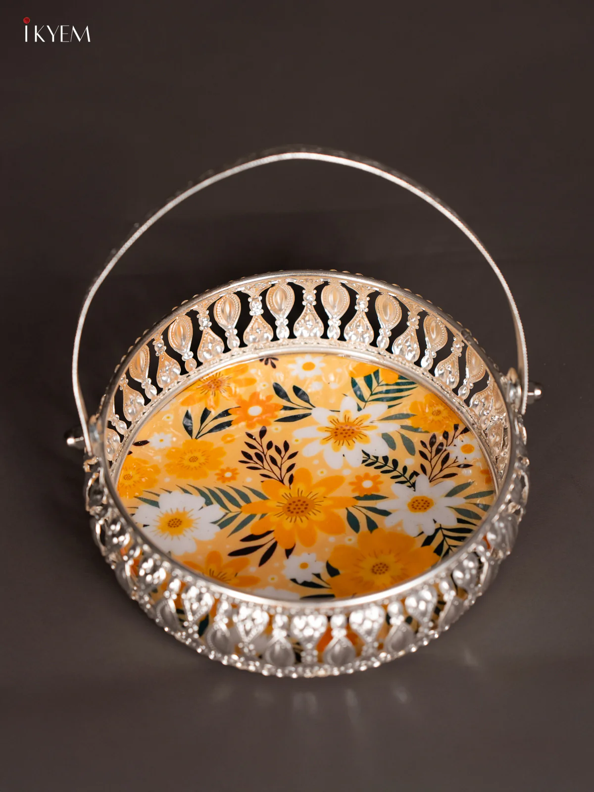Floral Digital Printed German Silver Tray With Handle - Yellow - 6 Inch - KK06116
