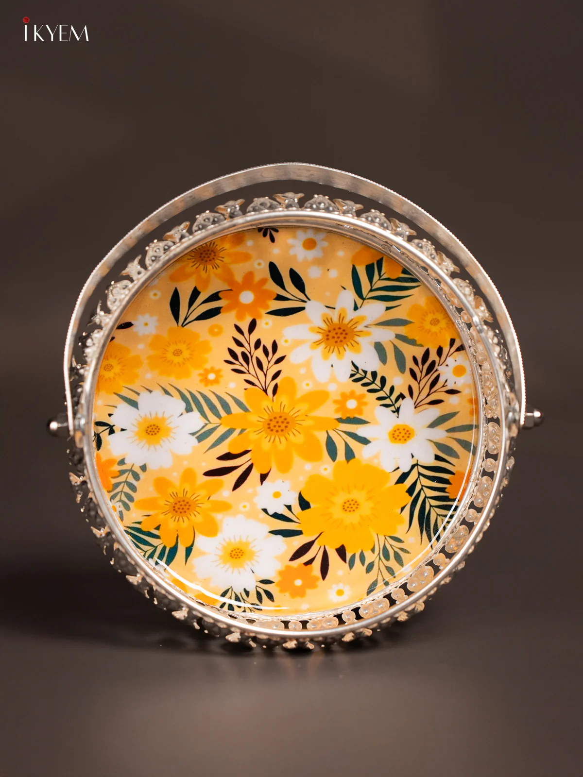 Floral Digital Printed German Silver Tray With Handle - Yellow - 6 Inch - KK06116 - Image 2