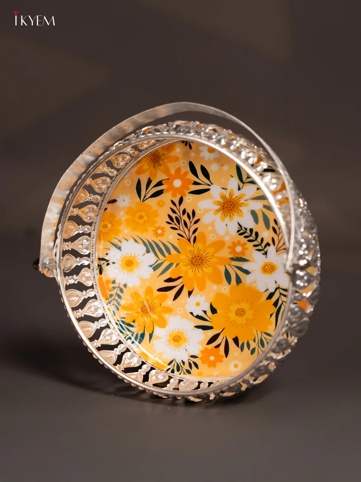 Floral Digital Printed German Silver Tray With Handle - Yellow - 6 Inch - KK06116 - Image 3