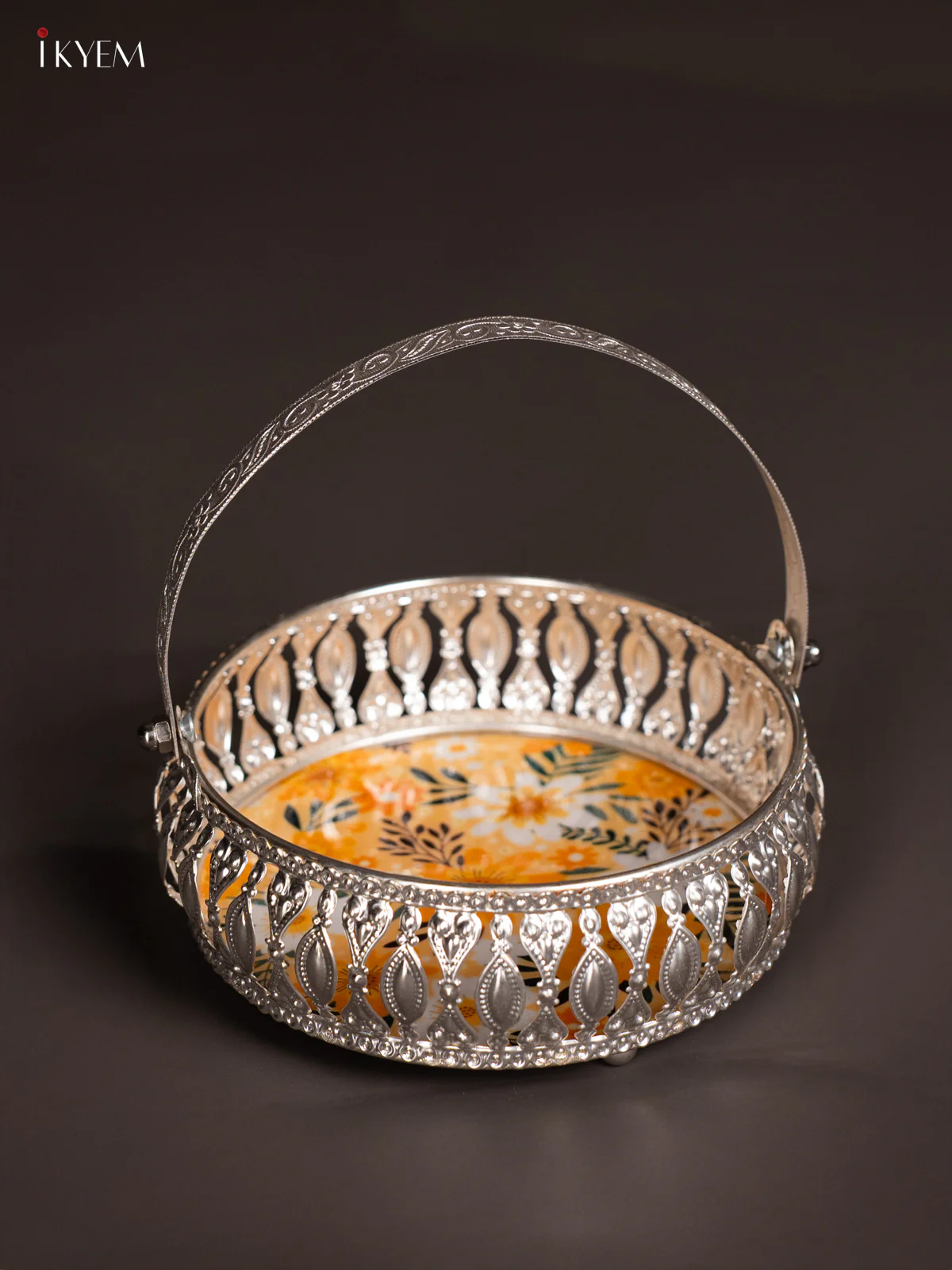 Floral Digital Printed German Silver Tray With Handle - Yellow - 6 Inch - KK06116 - Image 4