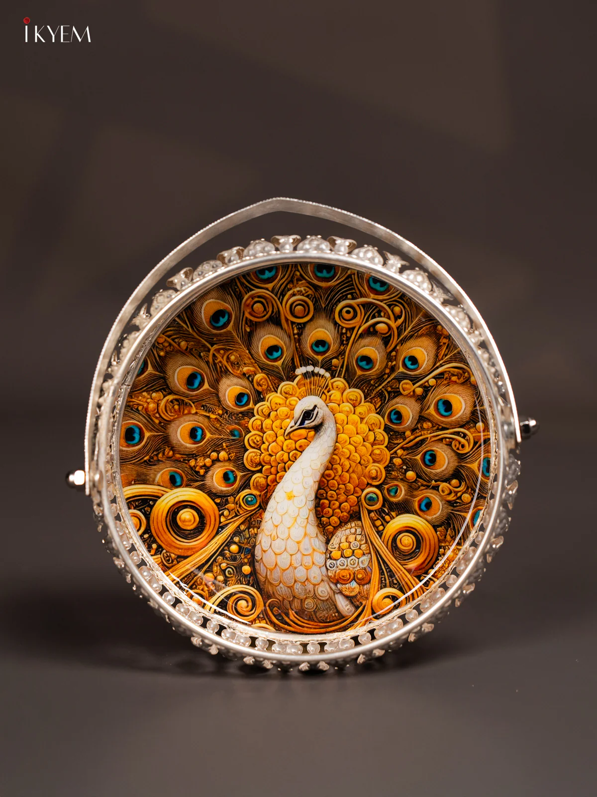 Golden Peacock Printed German Silver Tray With Handle (6 inches) - KK06117 - Image 2