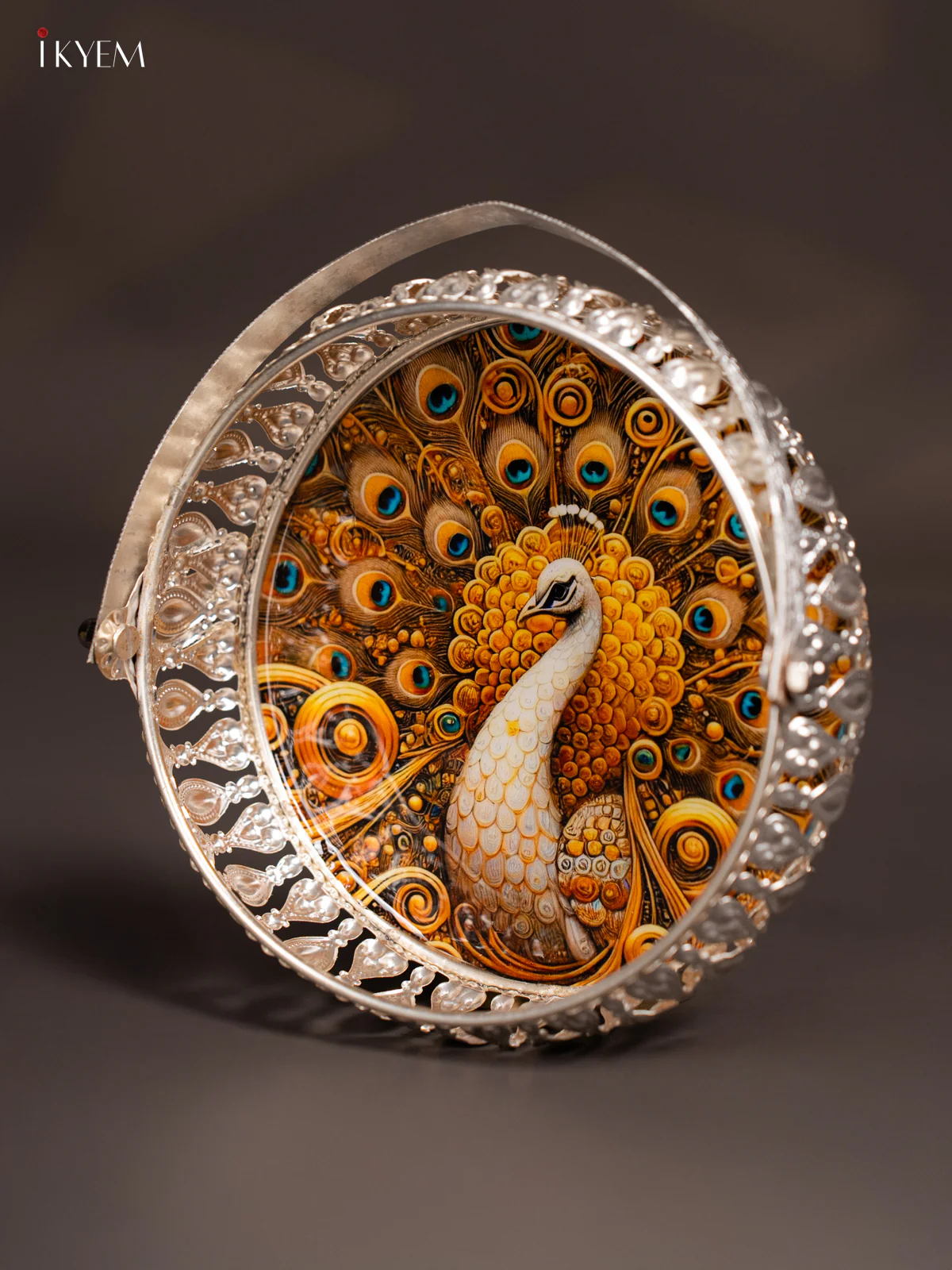 Golden Peacock Printed German Silver Tray With Handle (6 inches) - KK06117 - Image 3