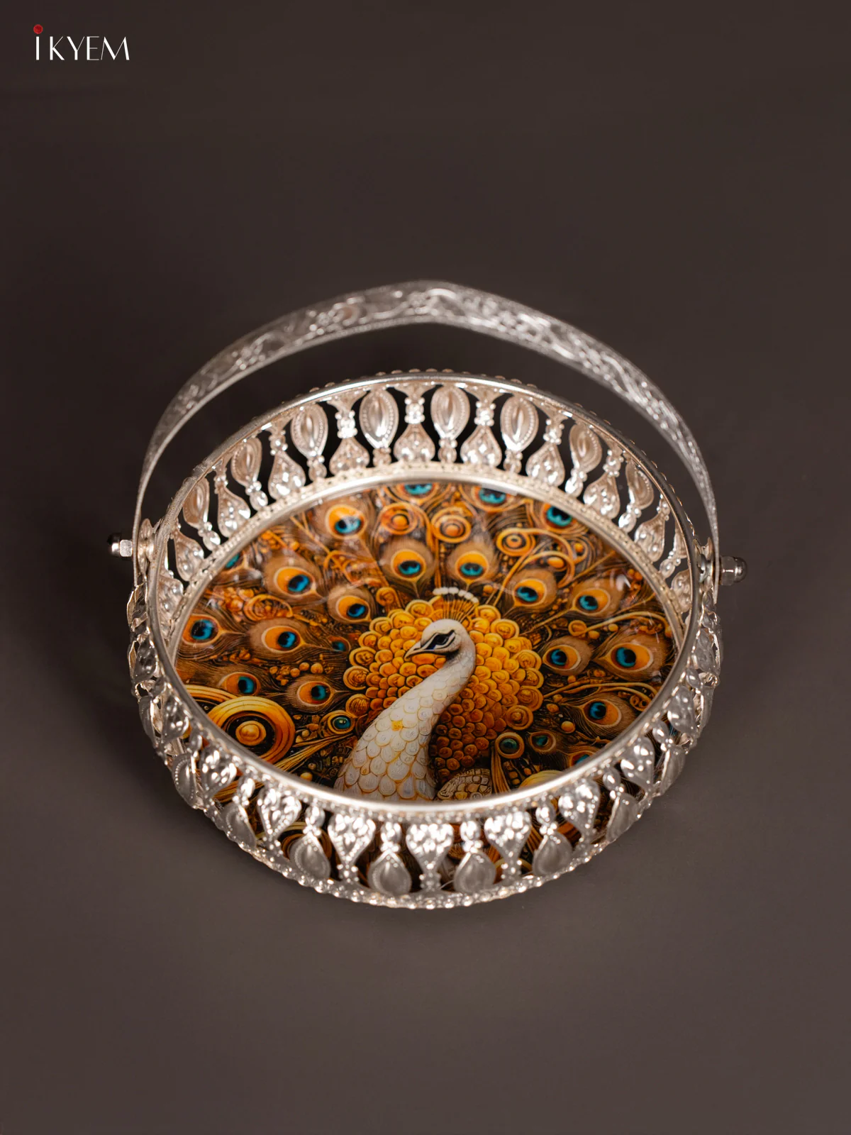 Golden Peacock Printed German Silver Tray With Handle (6 inches) - KK06117 - Image 4