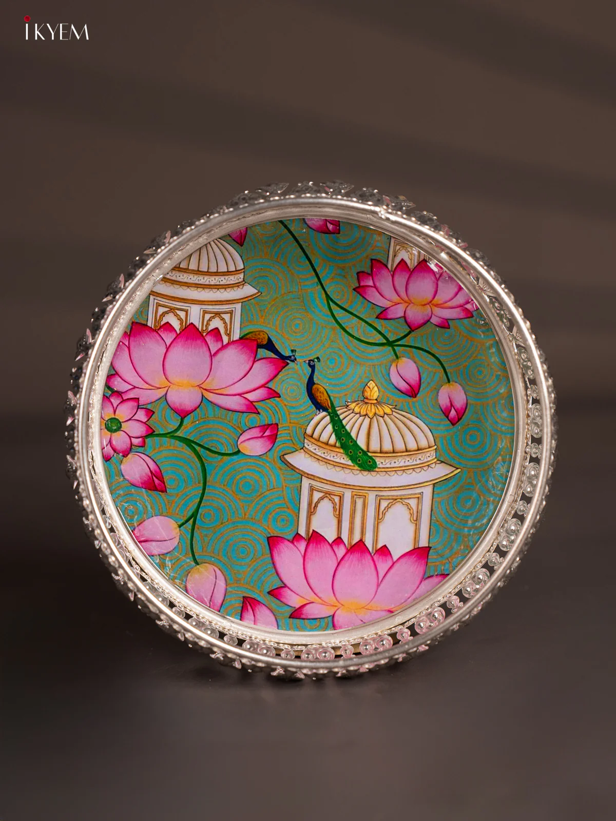 Unique Lotus & Peacock Printed German Silver Tray (6 Inches) - KH07188