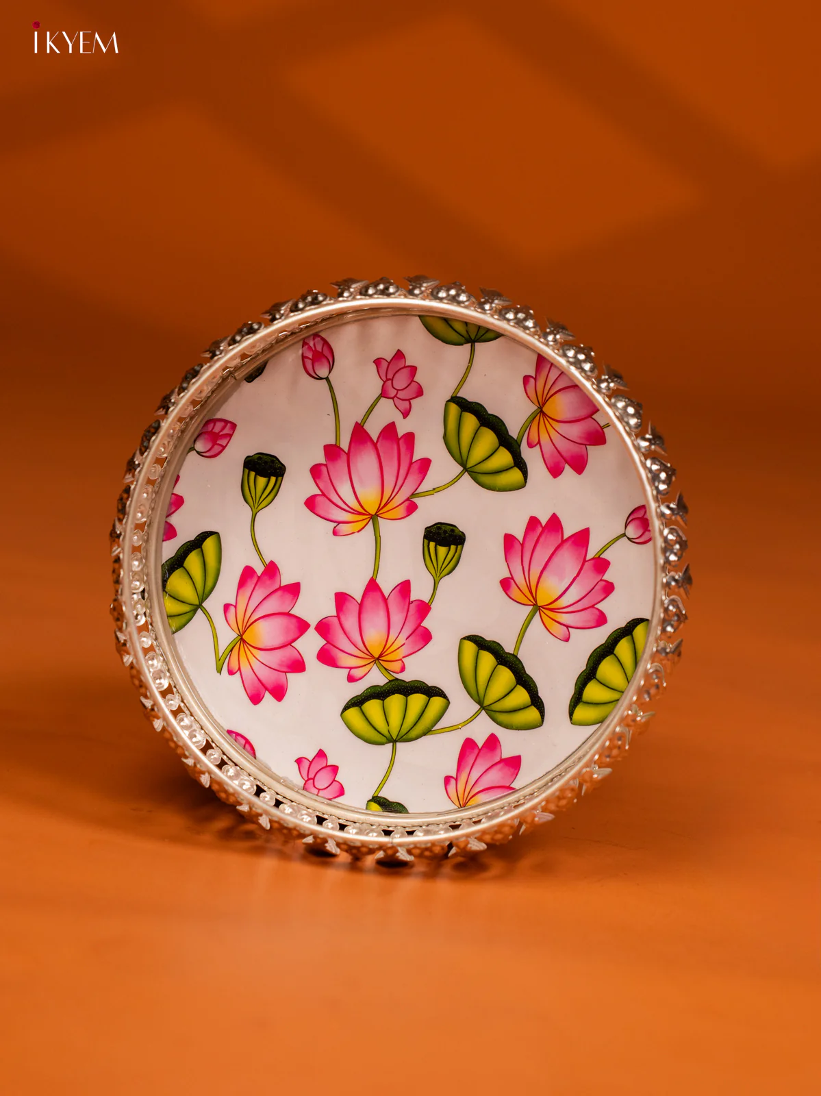 Lotus Digital Printed German Silver Tray - 6 Inch - KE28136