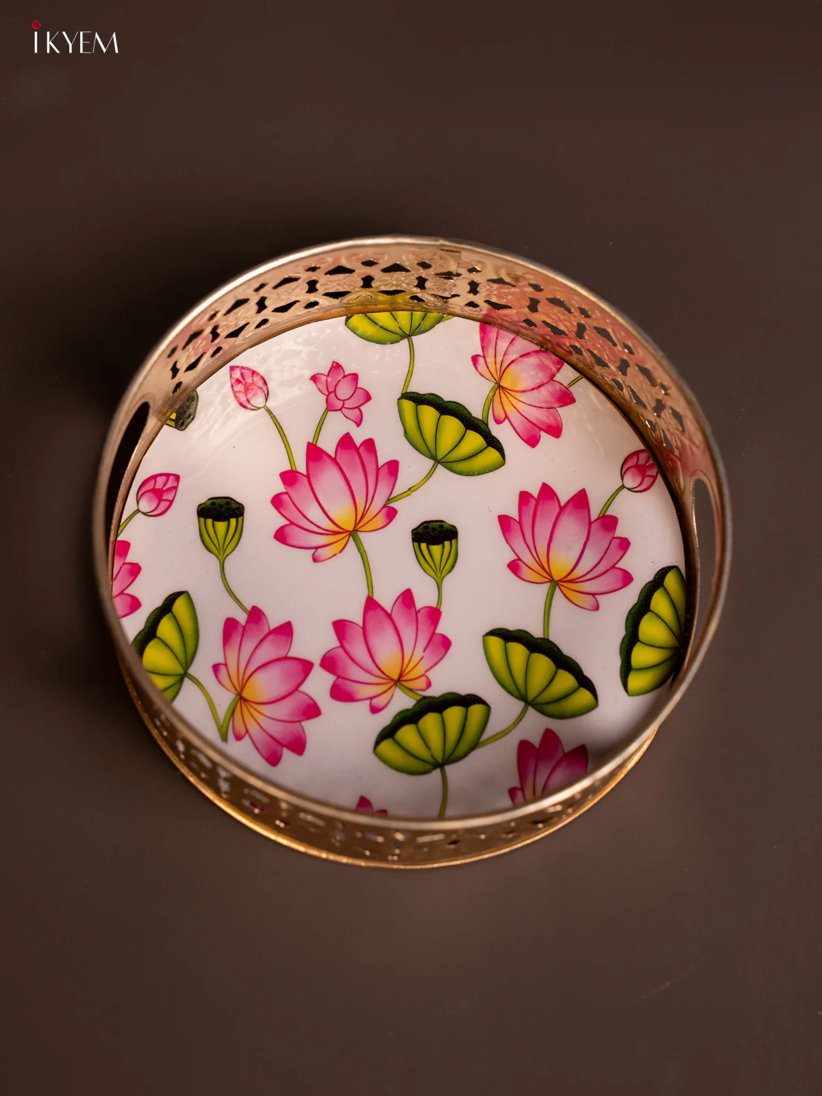 Versatile Pichwai Lotus Printed Metal tray In White (6 Inches) - KE14129