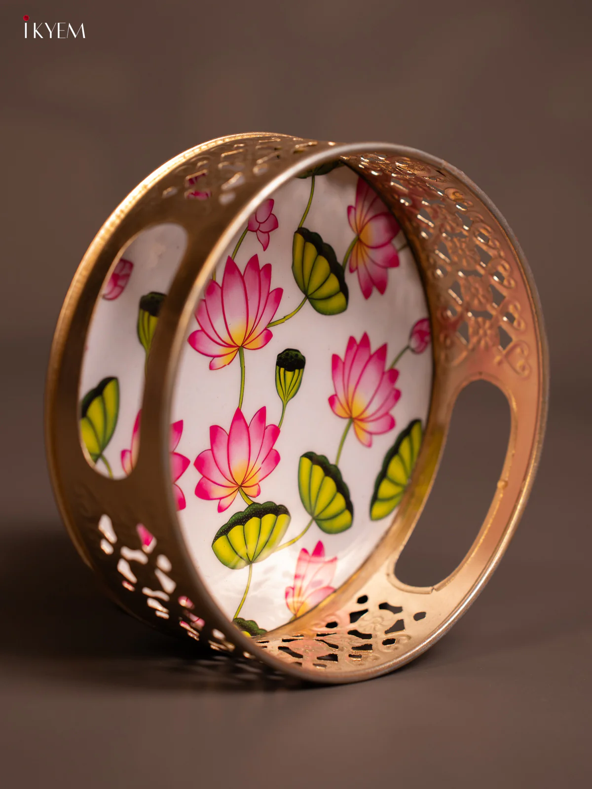 Versatile Pichwai Lotus Printed Metal tray In White (6 Inches) - KE14129 - Image 3