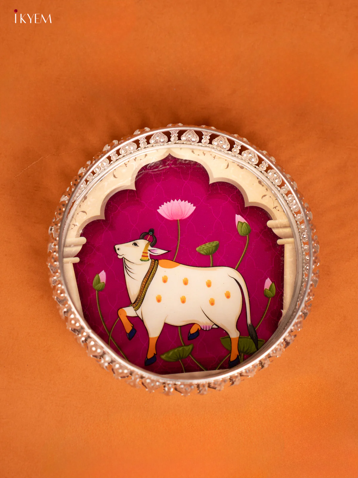 Pichwai Cow Digital Printed German Silver Tray - Purple - 6 Inch - KE23113