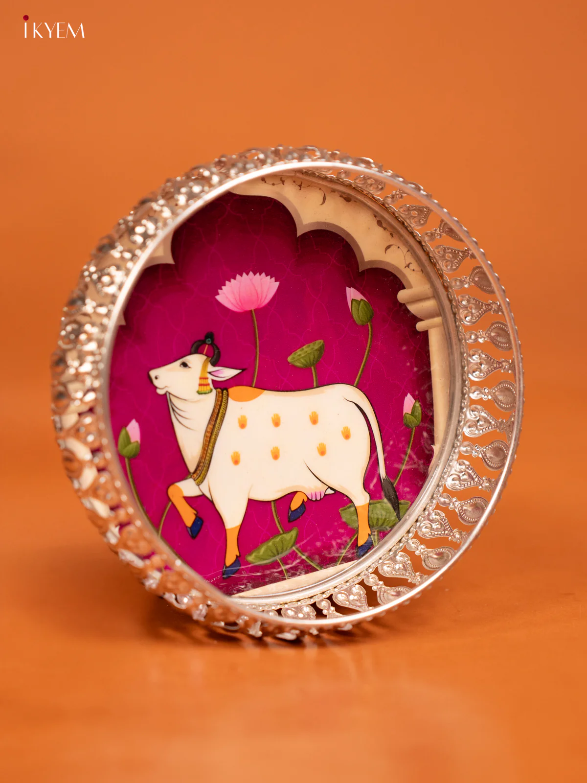 Pichwai Cow Digital Printed German Silver Tray - Purple - 6 Inch - KE23113 - Image 2