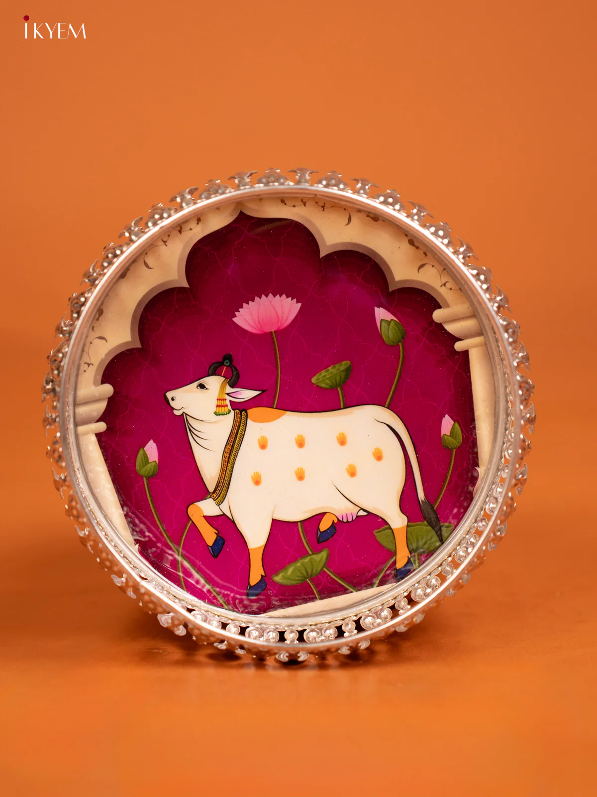 Pichwai Cow Digital Printed German Silver Tray - Purple - 6 Inch - KE23113 - Image 3