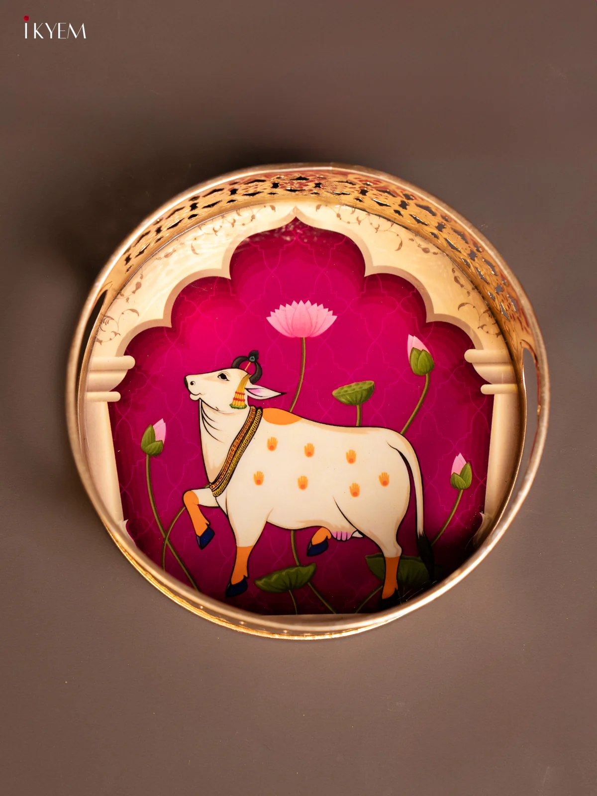 Pichwai Cow Printed Metal tray - Purple - 6 Inch - KE14121