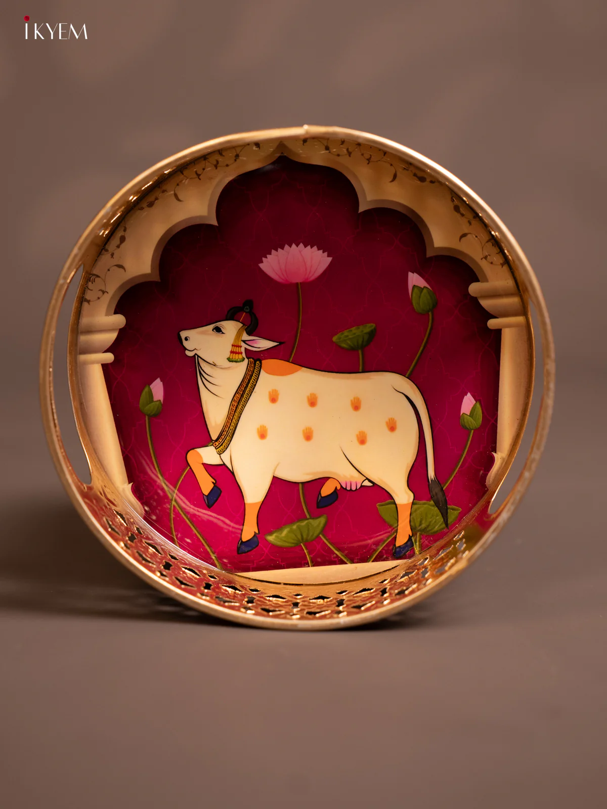 Pichwai Cow Printed Metal tray - Purple - 6 Inch - KE14121 - Image 2