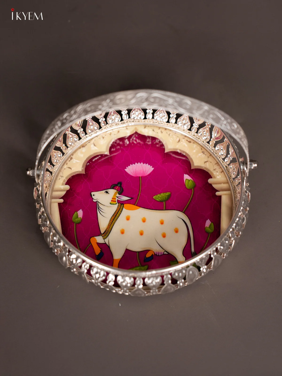 Pichwai Cow Digital Printed German Silver Tray With Handle - Purple- 6 Inch - KK06114 - Image 2