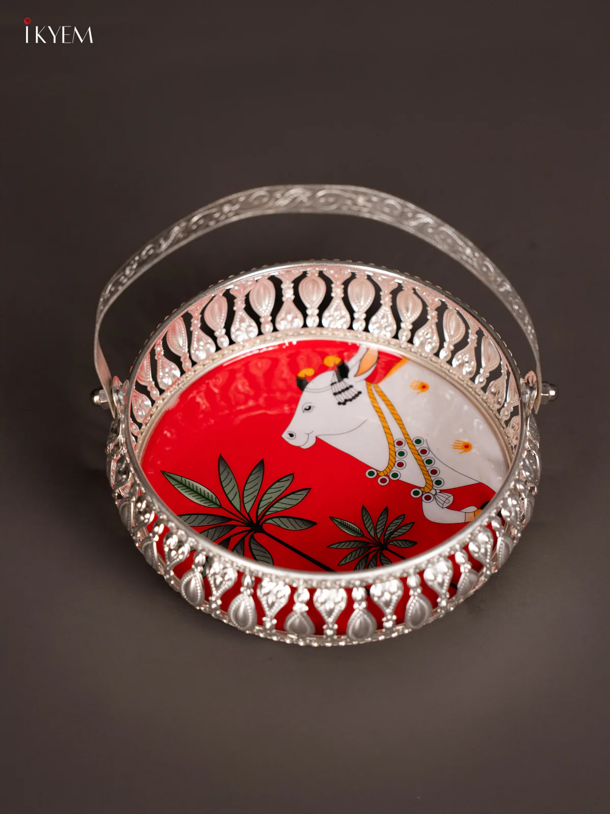 Pichwai Cow Digital Printed German Silver Tray With Handle - Red - 6 Inch - KK06115