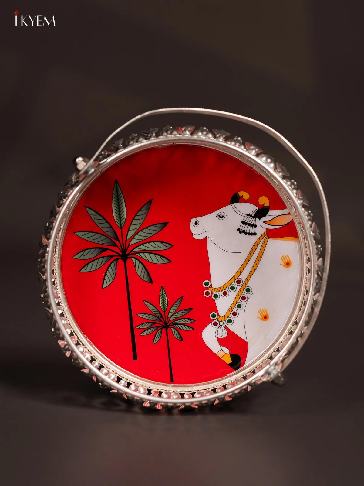 Pichwai Cow Digital Printed German Silver Tray With Handle - Red - 6 Inch - KK06115 - Image 2