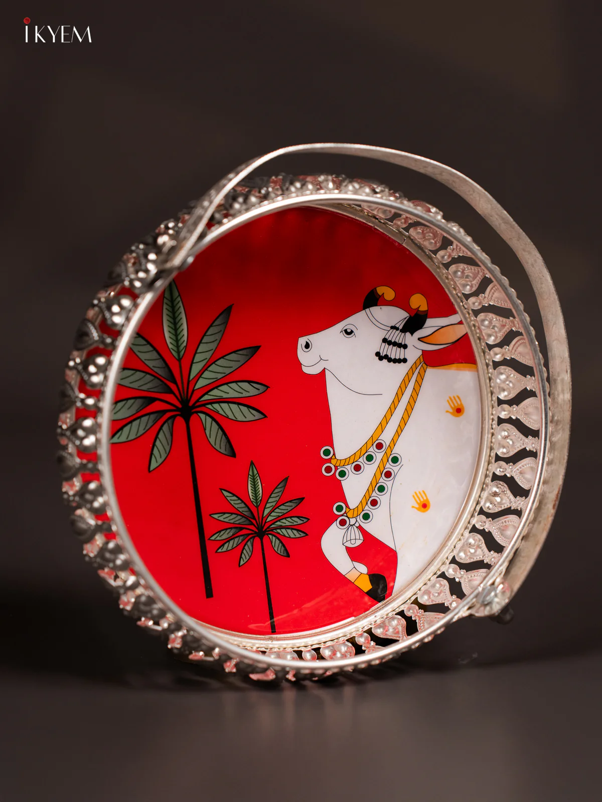 Pichwai Cow Digital Printed German Silver Tray With Handle - Red - 6 Inch - KK06115 - Image 3